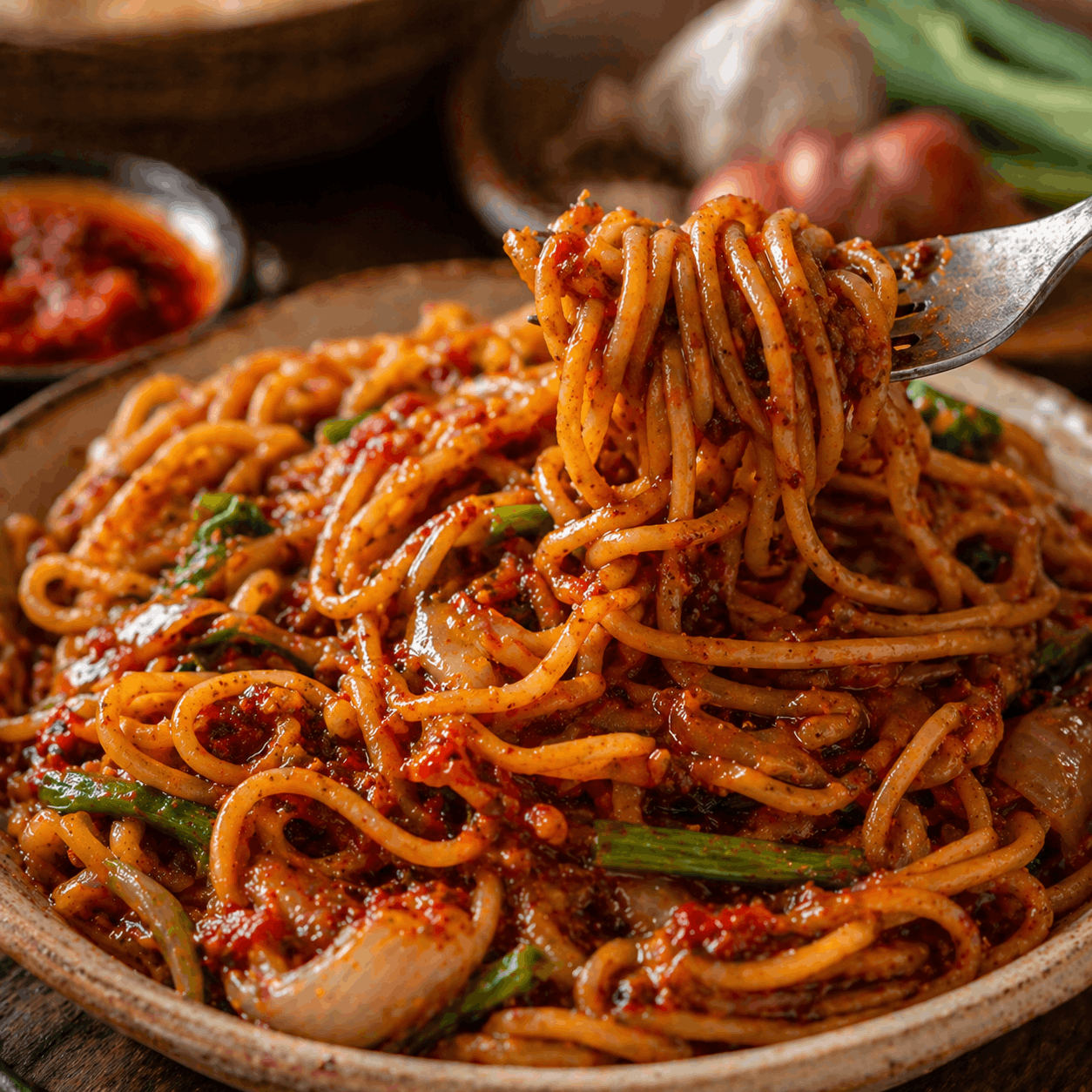 Noodles served with sambal