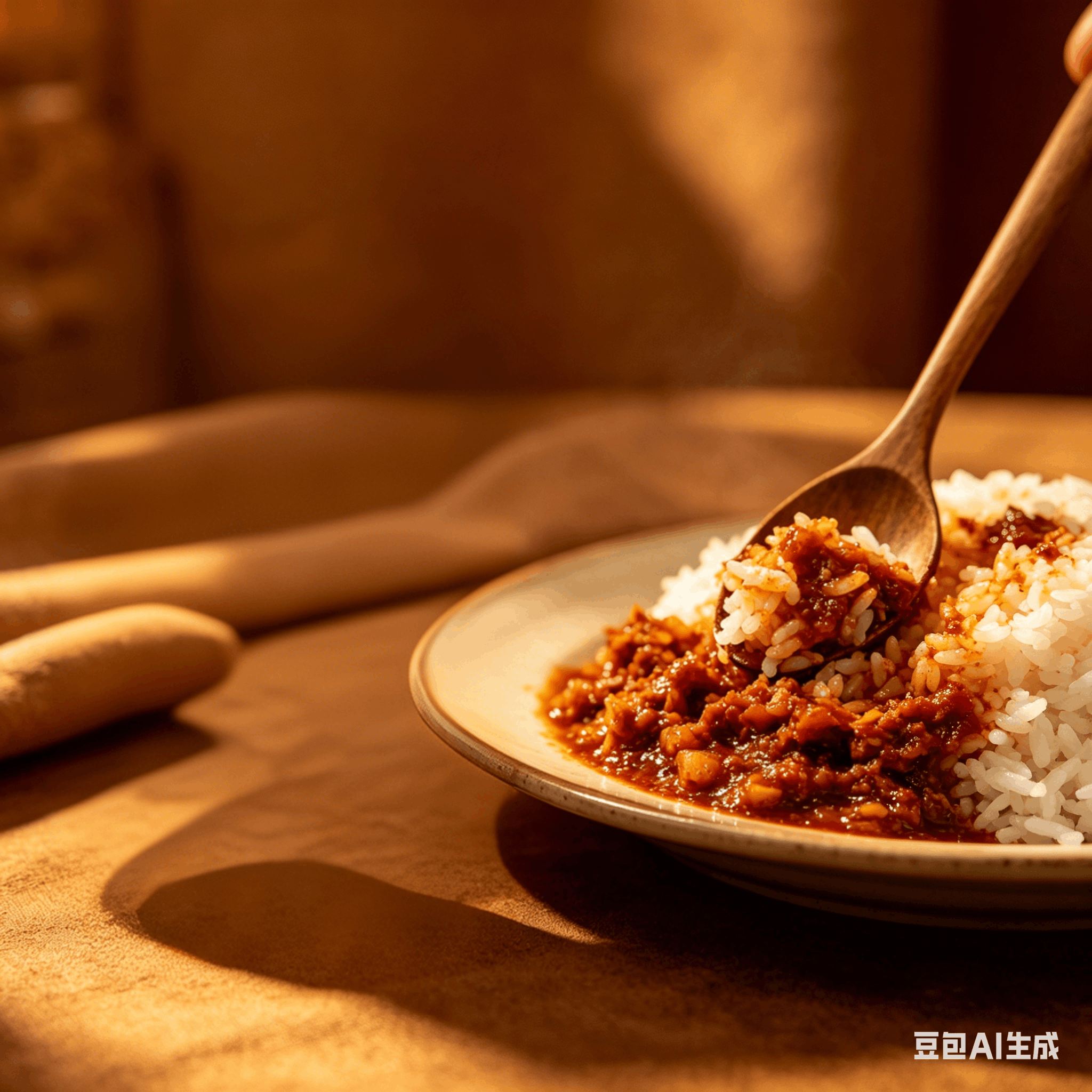 Mixing sambal into a meal