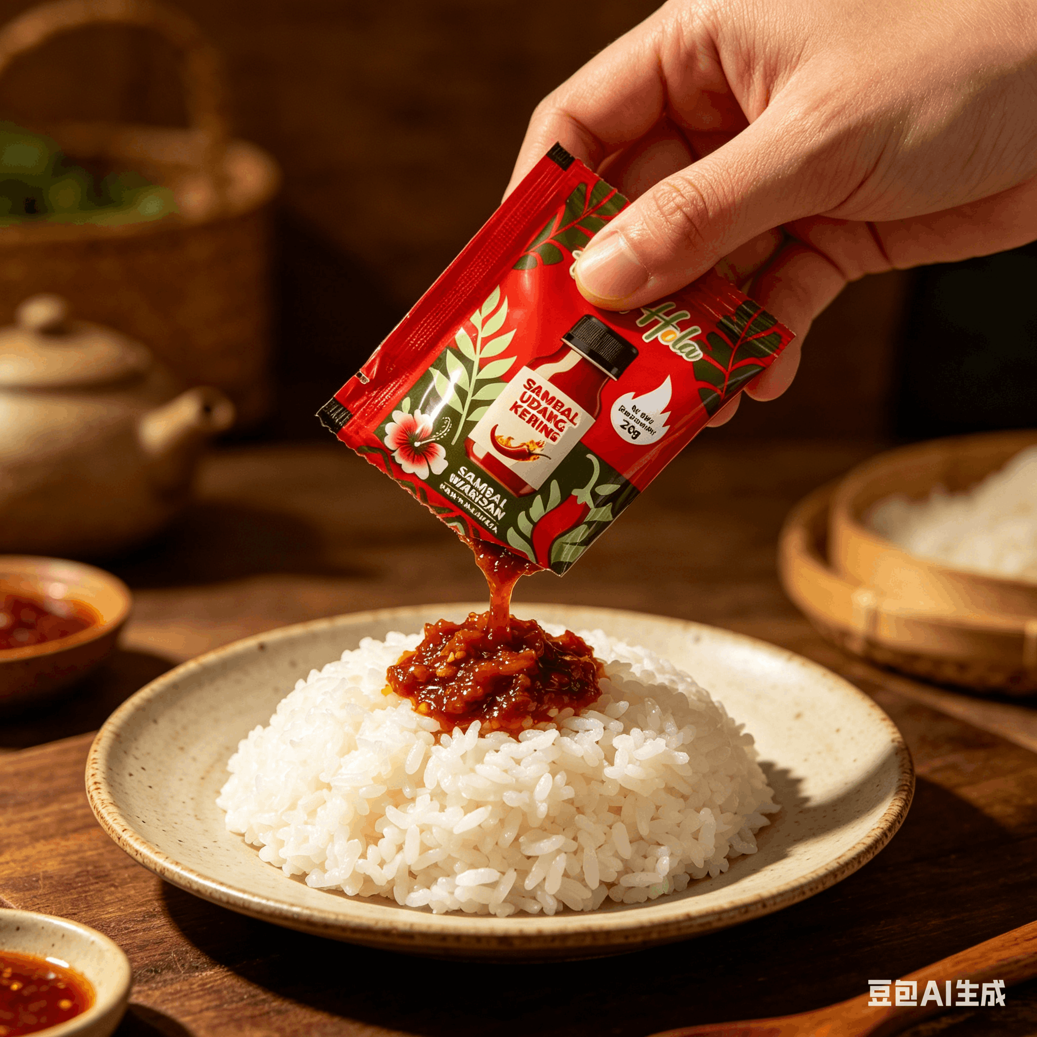 Pouring sambal onto rice