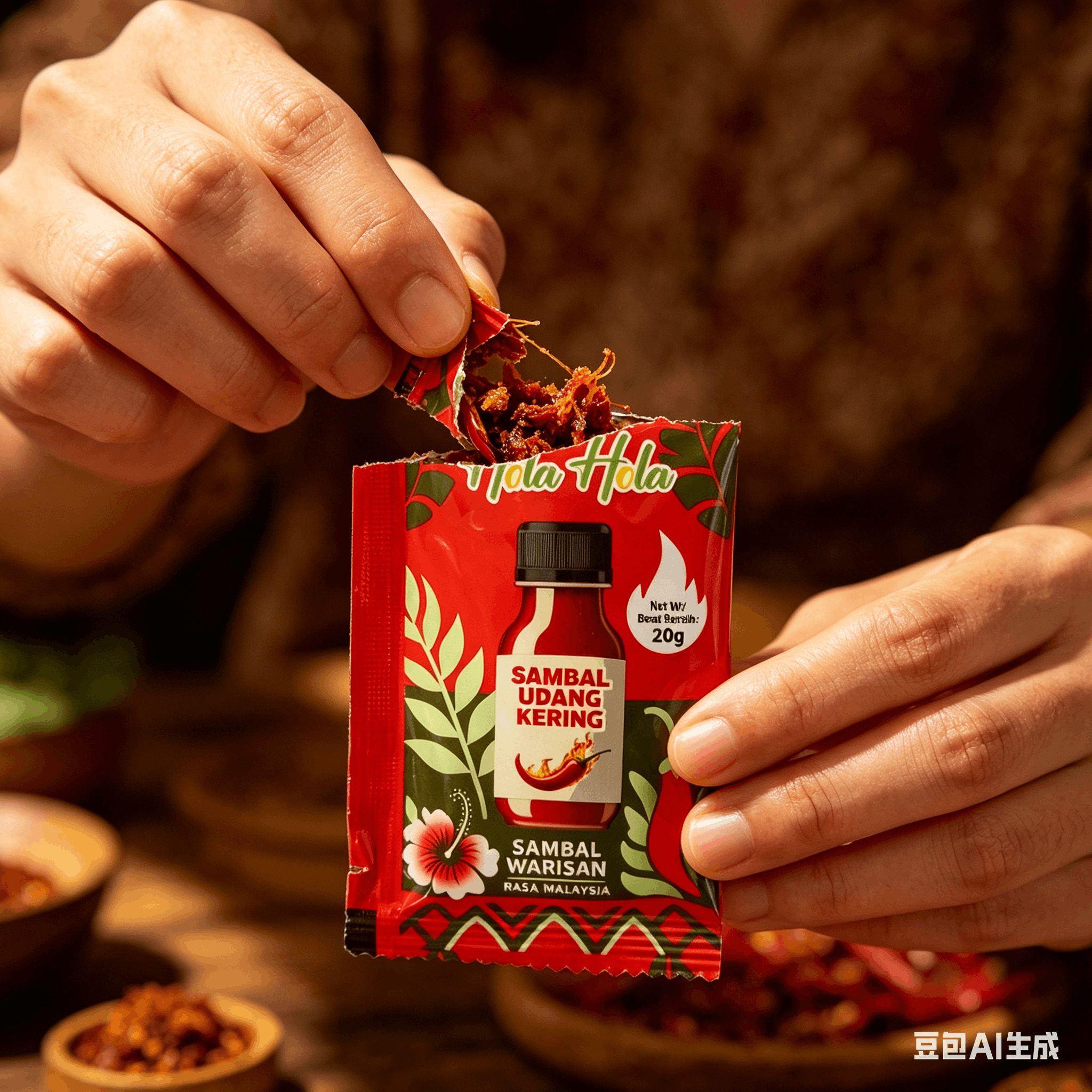 Tearing open a sambal sachet